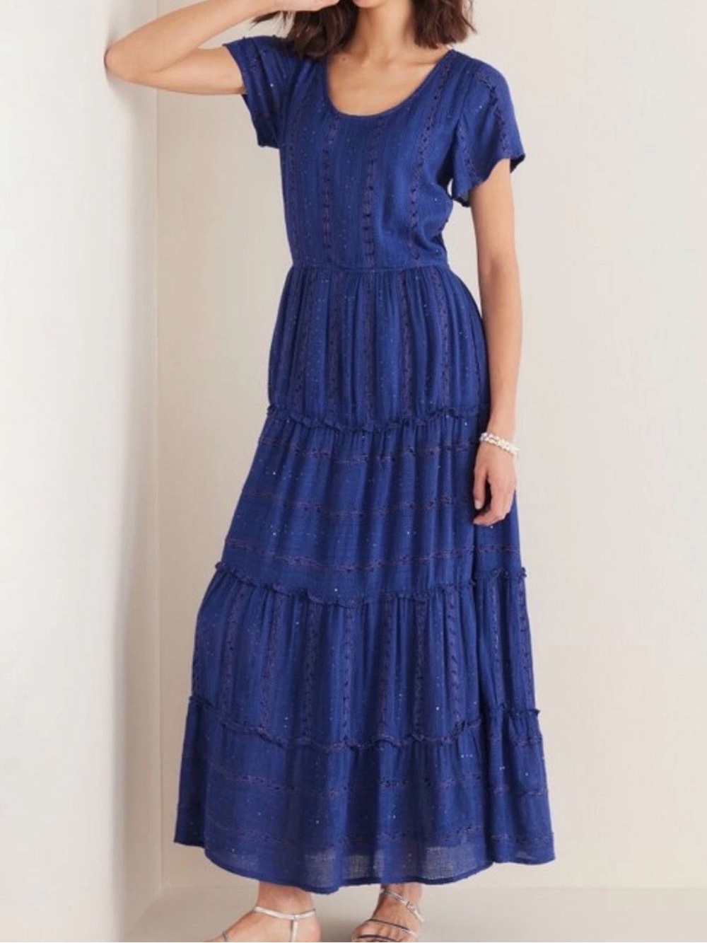 NWT Soft Surroundings Kara Shimmer Tiered Sequin Maxi Dress Blue Petite Large